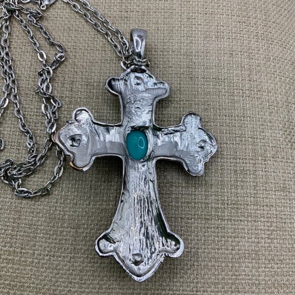 Faux Turquoise Rhinestone Vintage Style Cross Pendant Chain Necklace - Picture 4 of 7